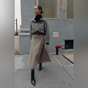 ZARA Houndstooth Cape Midi Skirt w/ Belt Sz Medium M Black Ecru Cotton Blend